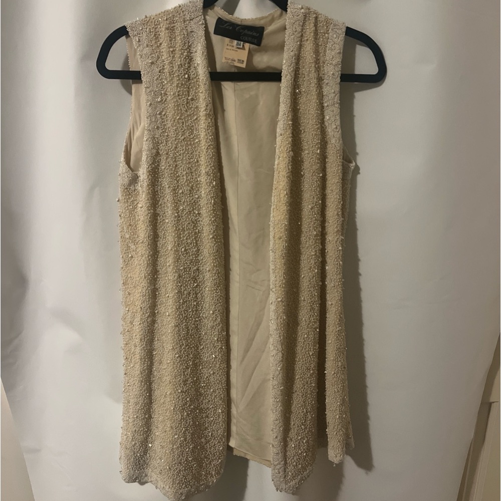 Beaded  Vest Long Formal Cream 44 Italian Size M- Vintage